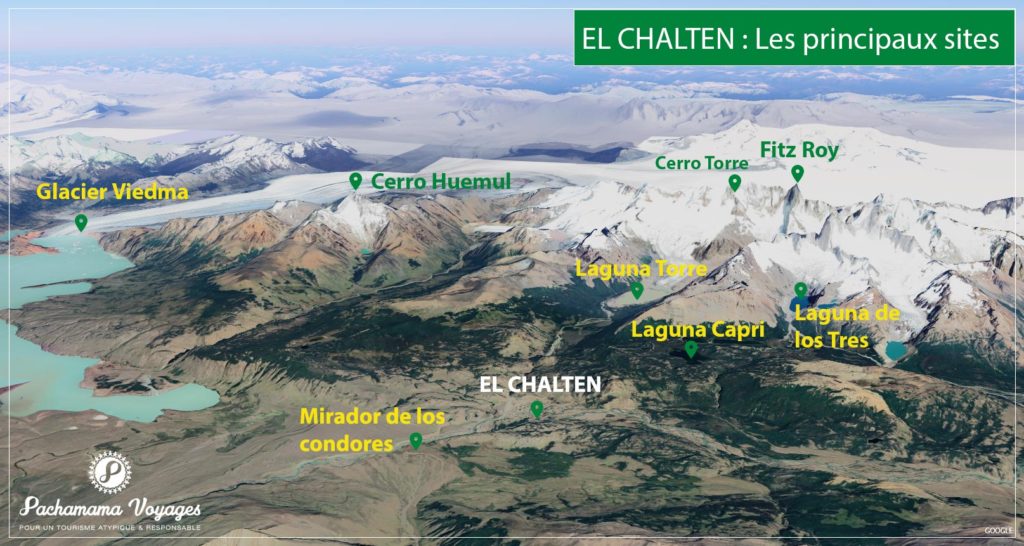 Carte des principaux sites autour d'El Chalten
