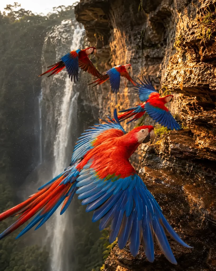 veu-de-noiva-chapada-dos-guimaraes-aras-rouges-nidification-paroi-gres-fin-de-journee